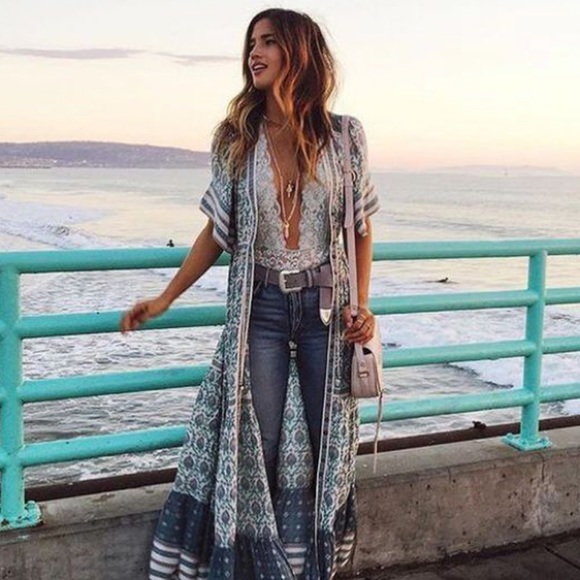 Bohemian Gypsy Print Kimono Maxi Dress Blue - Picture 2 of 9